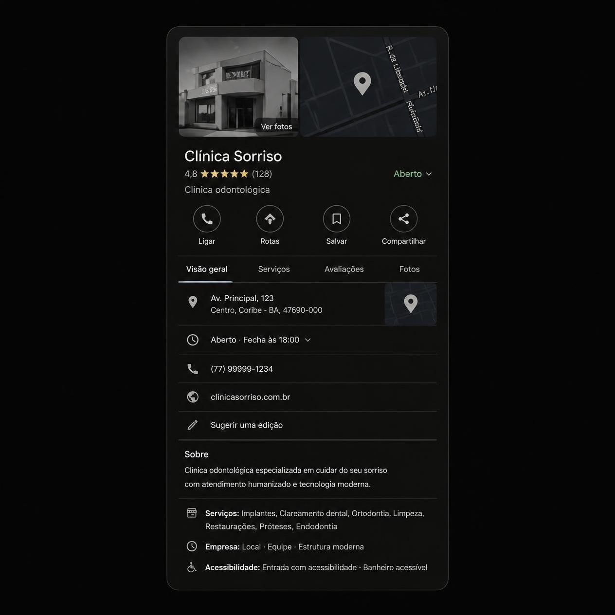Ficha completa no Google: categoria, horário, telefone e descrição.