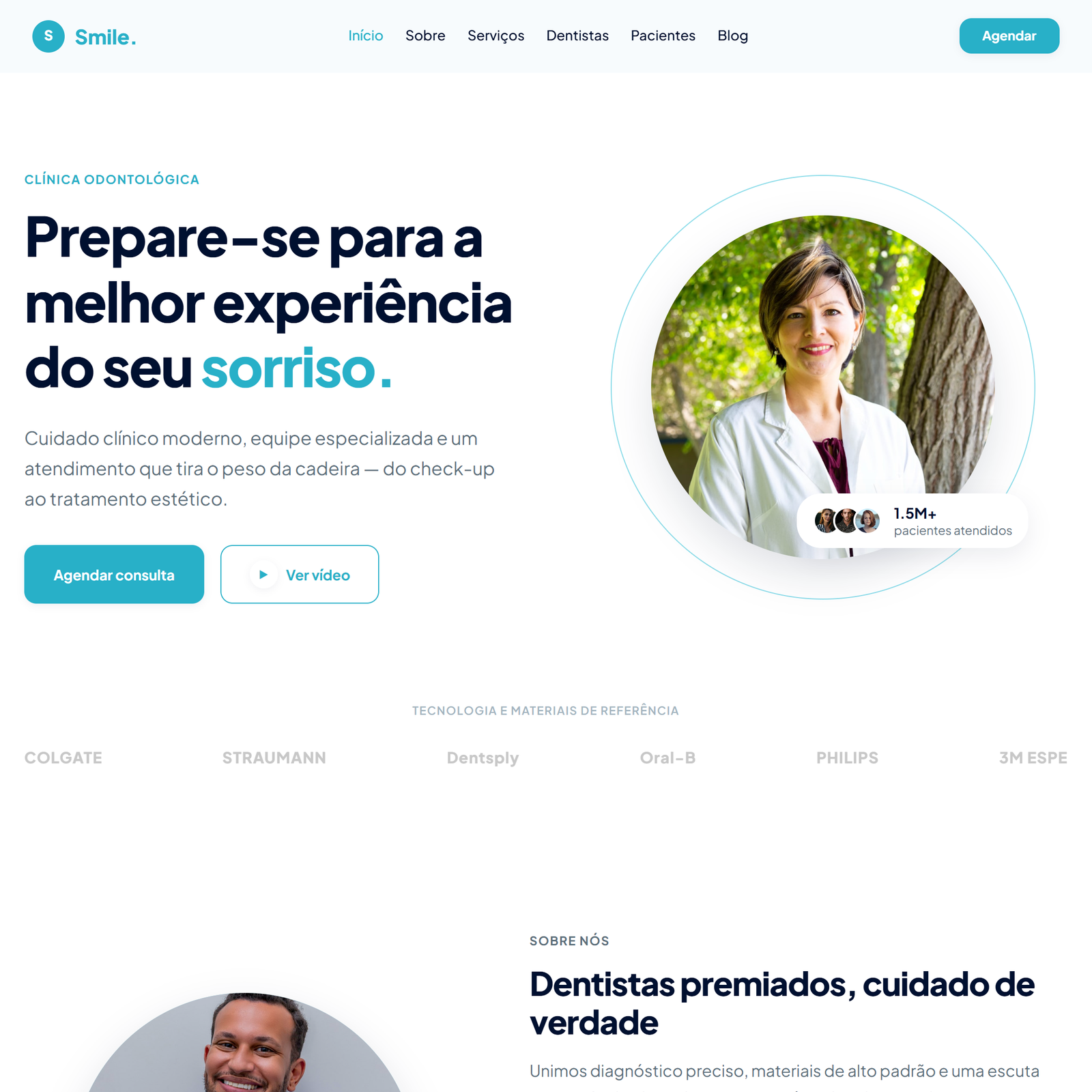 Conceito Smile: clínica familiar com hero, especialidades, time e agenda.