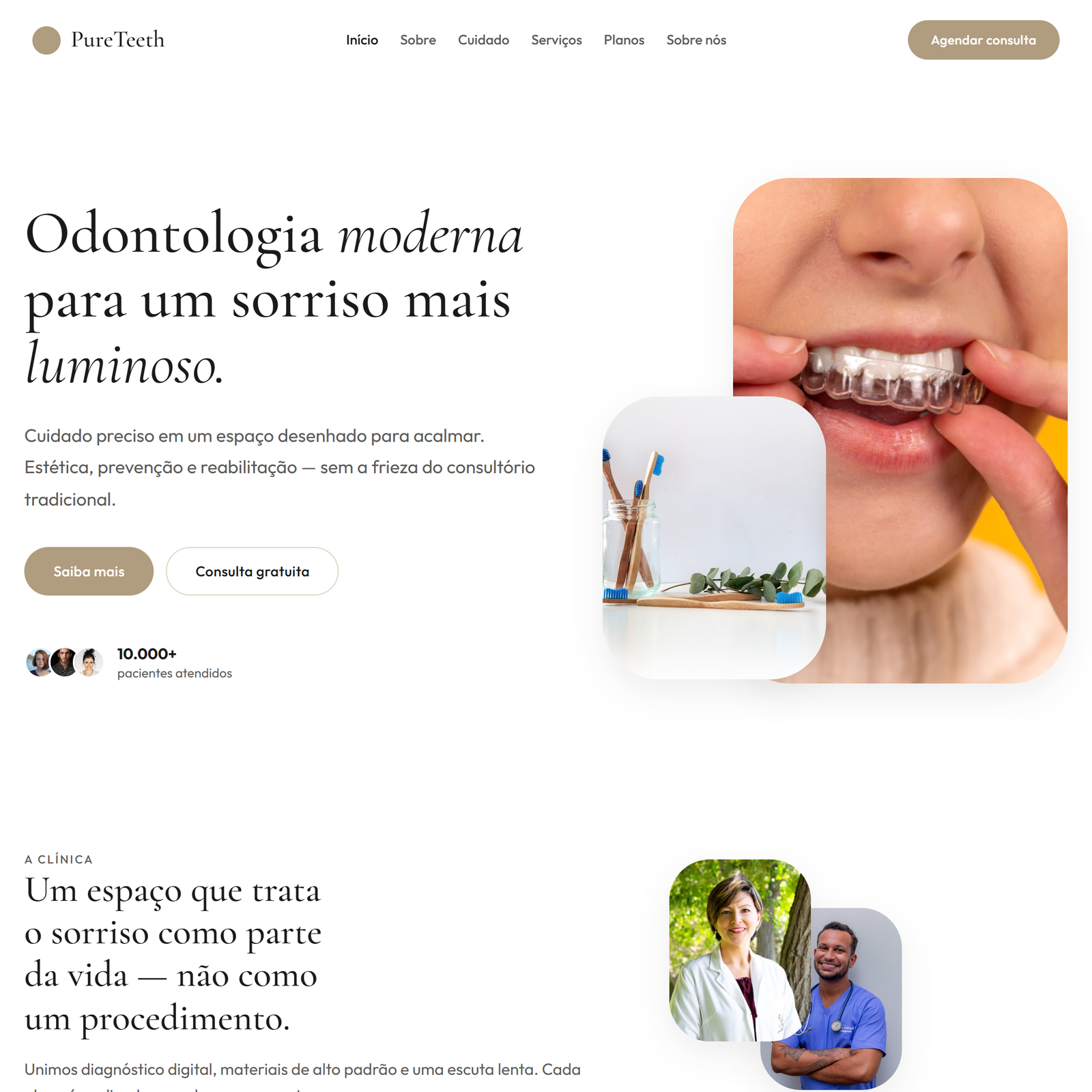 Conceito PureTeeth: odontologia calma, com preço na página.