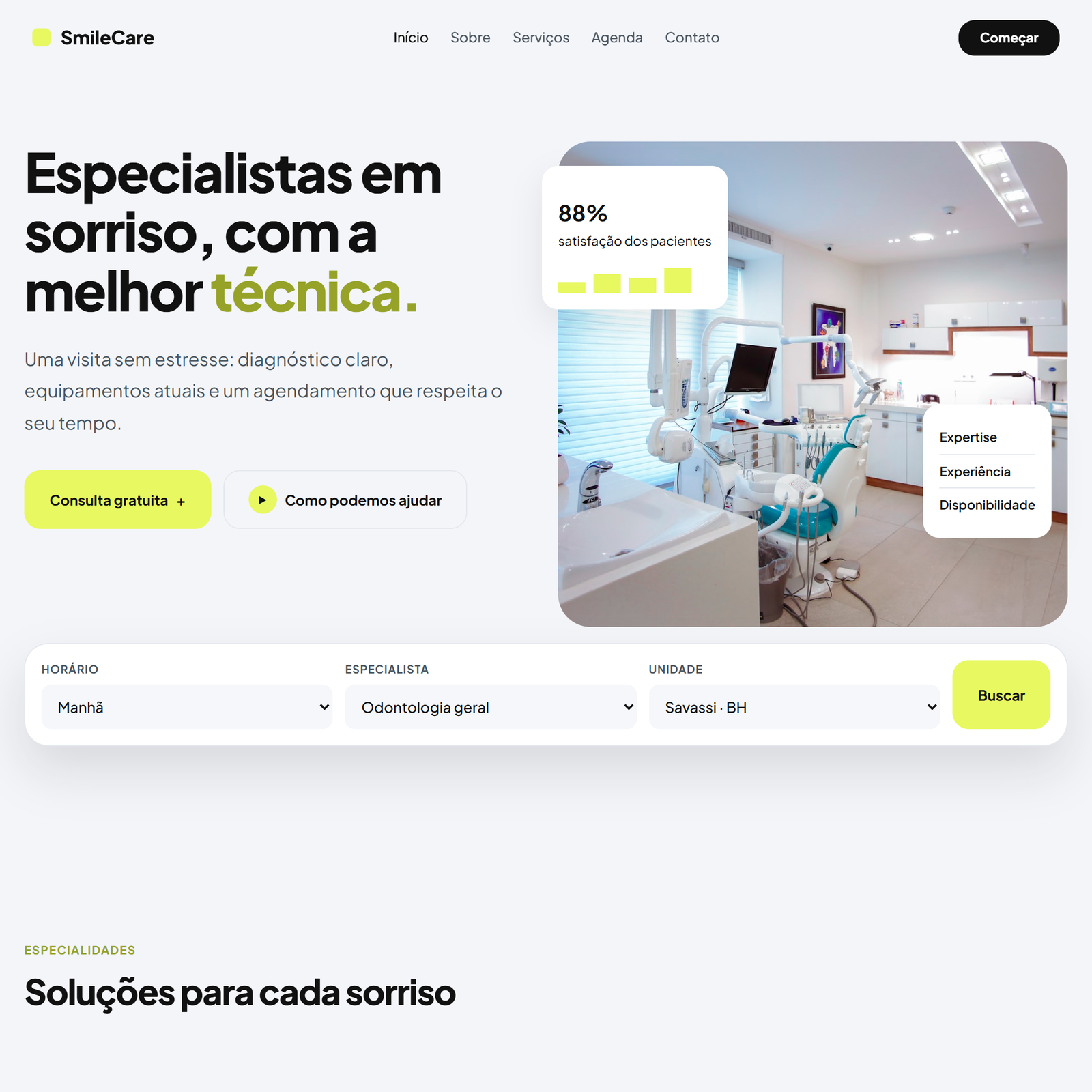 Conceito SmileCare: direto e tecnológico, com formulário na dobra.
