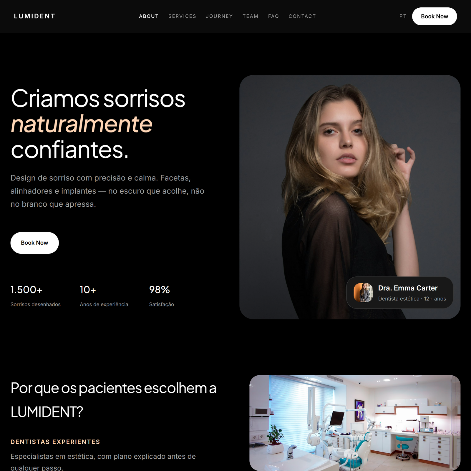 Conceito LUMIDENT: estética íntima, FAQ, jornada e antes/depois.