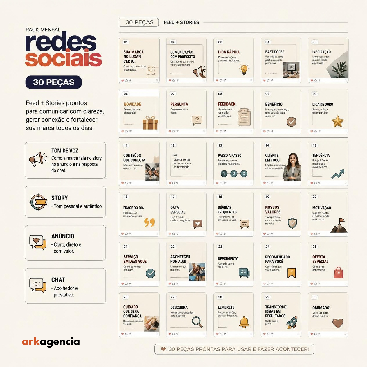 Pack mensal de 30 peças para feed e stories.