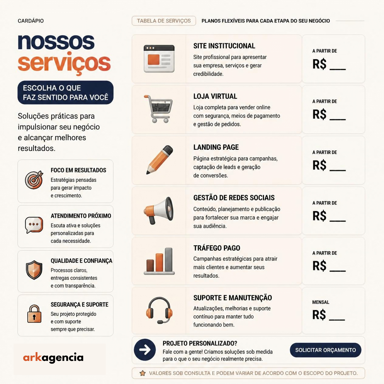 Tabela e cardápio com serviços e valores visíveis.