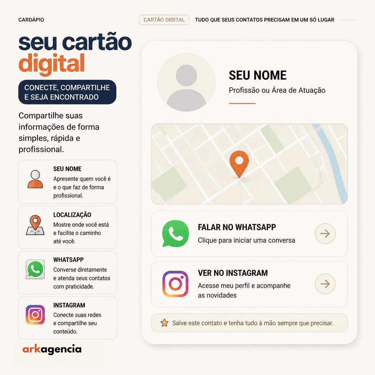Cartão digital com nome, mapa, WhatsApp e Instagram.