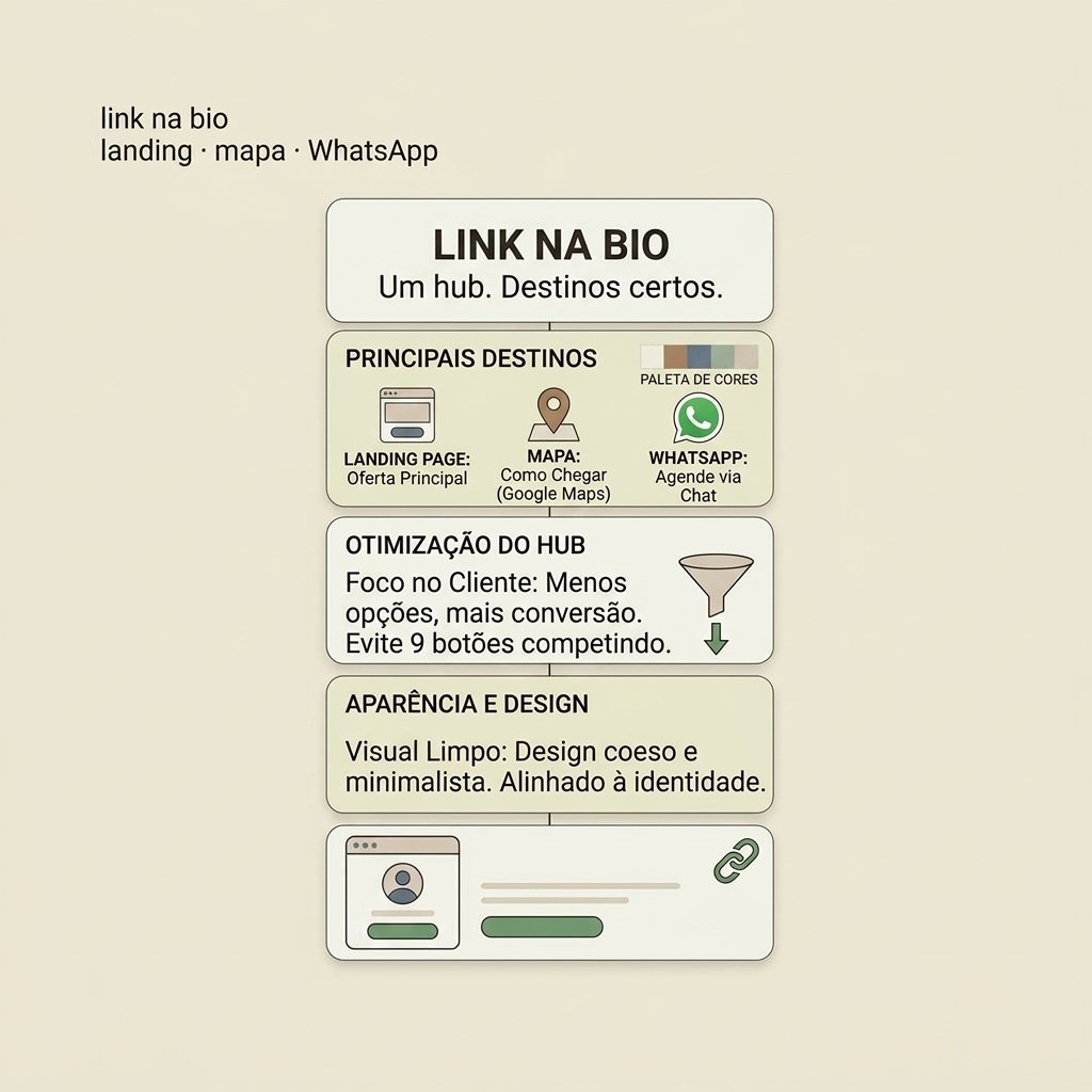 Link na bio: landing, mapa e WhatsApp.