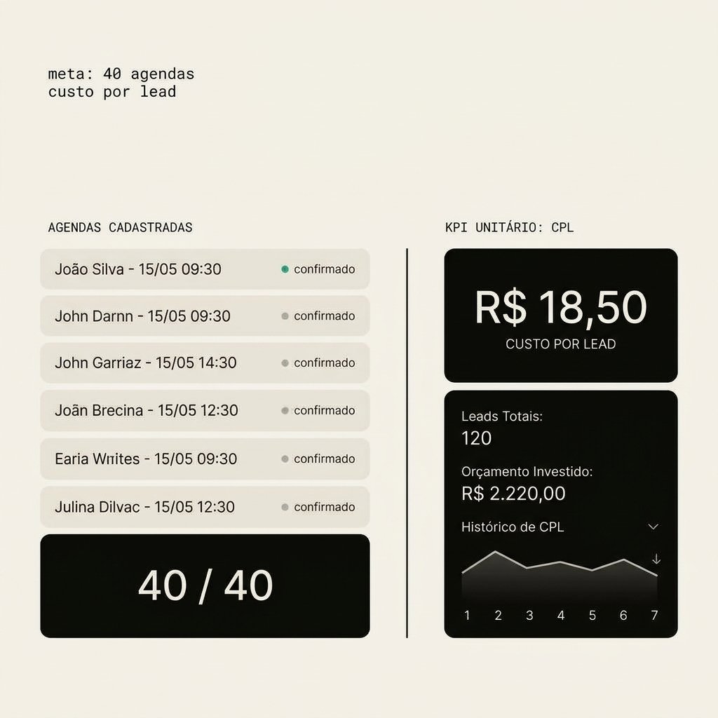 Metas: 40 agendas e custo por lead.