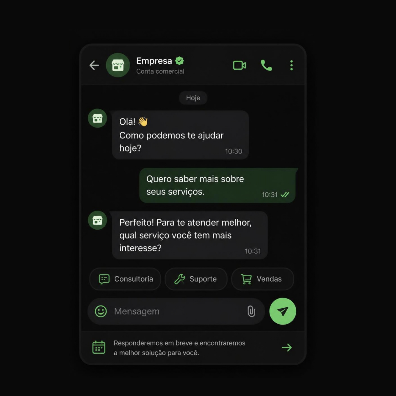 Roteiro de primeira resposta no WhatsApp, com pergunta certa e próximo passo.