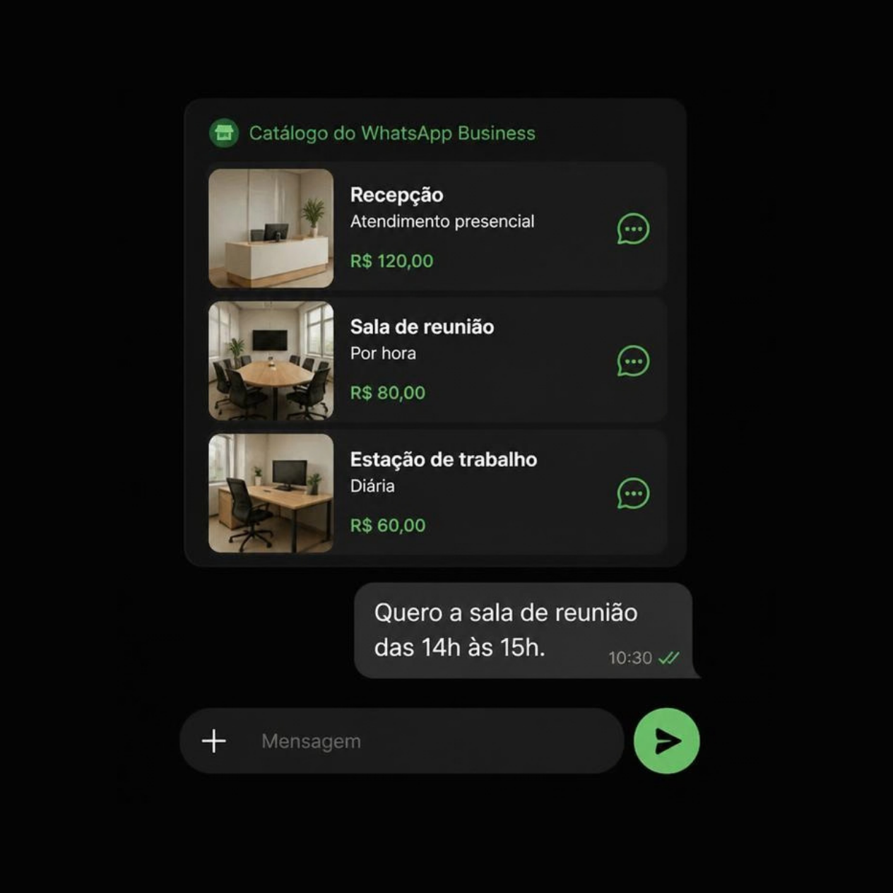 Catálogo do WhatsApp Business com serviços, foto e preço.